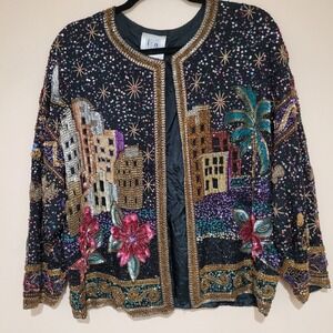 Vintage 80s/90s Arabian Night Black Beaded Sequin Jacket Silk L /XL Christmas